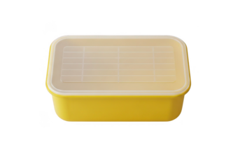 Yellow plastic butter dish with ribbed lid isolated on transparent background