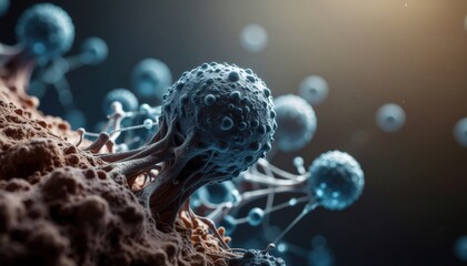 Tumor cells microscopy concept. Microscopic view of interconnected cellular structures in blue tones.