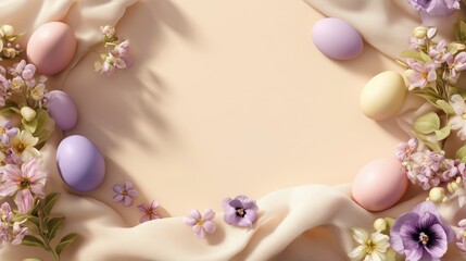 photorealistic top-view Easter sale layout of eggs, spring flowers