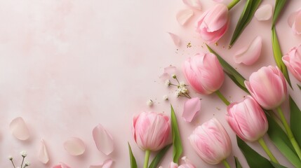 Tulips around edges and spacious center for text, minimalistic greeting card, invitation background