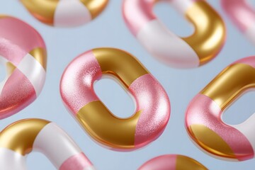 Abstract Design of Elegant Rings: An abstract pattern of glossy, multi-colored rings with a striking interplay of pink, gold, and white, evoking a sense of luxury and sophistication. 