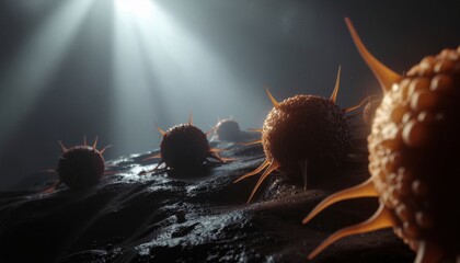 Tumor cells microscopy concept. Microscopic view of cellular structures illuminated by light.