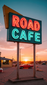 Vibrant roadside cafe sign illuminated in red and blue against stunning sunset backdrop, capturing nostalgic atmosphere
