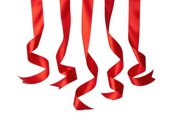 Red curling festive ribbons hanging isolated on transparent background