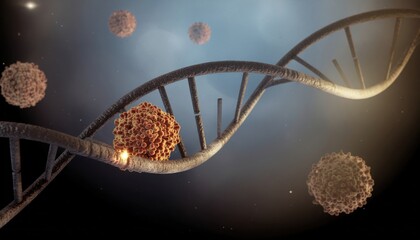 Tumor cells microscopy concept. DNA strand with viruses in a scientific and abstract representation.