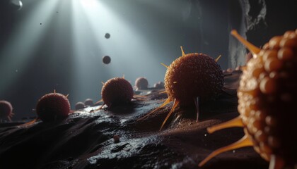 Tumor cells microscopy concept. Microorganisms illuminated in a dark environment.