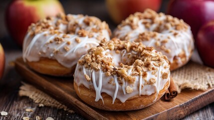 Delicious, homemade apple cinnamon donuts topped with crunchy streusel and creamy icing, perfect for cozy autumn treats and desserts at gatherings or family celebrations.