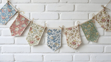 Colorful fabric pennant banner hanging against a white brick wall