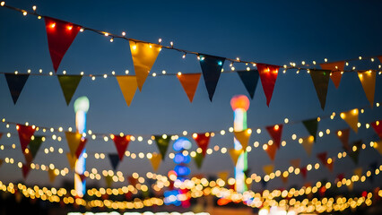 Festive outdoor string lights and colorful pennant flags blur