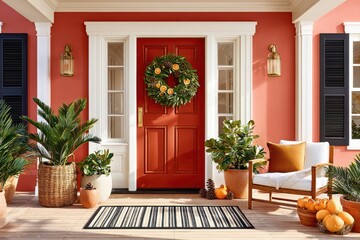 Cozy autumn front porch with red door, wreath, pumpkins, plants, seating, and warm decor