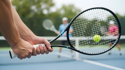 Close-up of a tennis player's hands holding a racket, with a yellow ball in mid-air during a match