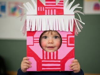 Cute toddler with happy face looking through a colorful, handmade cardboard mask or costume during a fun craft activity in a classroom setting