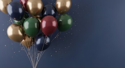 Celestial Cluster of Celebration. Glossy helium balloons in rich jewel tones—gold, green, red, and blue—float against a midnight backdrop, sprinkled with golden confetti for a festive.