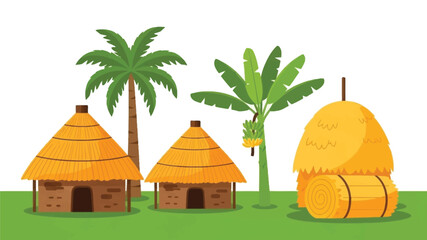 Tropical village scene with thatched huts palm trees and hay bales © faysal sardar