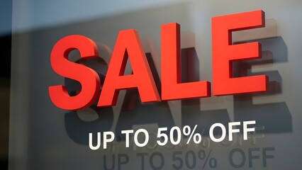 Bold 3D 'SALE' lettering with a percentage discount displayed on a glass storefront, enticing shoppers with exciting retail promotions