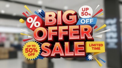 Vibrant 3D graphic illustration announcing a spectacular big offer sale event with a generous discount, ideal for impactful retail promotions and marketing campaigns
