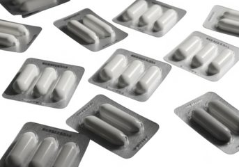 Multiple suppository blister packs arranged randomly isolated on transparent background