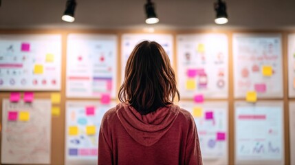 Businesswoman reviewing AIgenerated consumer feedback data displayed on transparent screens highlighting interactive and intuitive user experience for product development.
