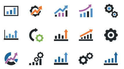 Obraz premium Collection of blue business icons depicting data analysis and growth strategies