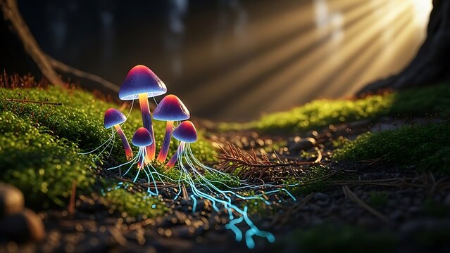 Magical glowing mushrooms in a sunlit forest clearing - Powered by Adobe