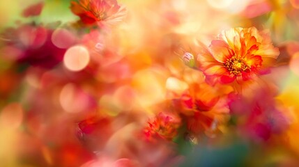 Vibrant abstract floral background featuring multi-colored flowers with soft bokeh effect, creating a dreamy atmosphere, ideal for nature and art-themed projects and designs.