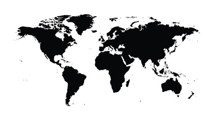 A stark black and white silhouette of the world s continents and oceans