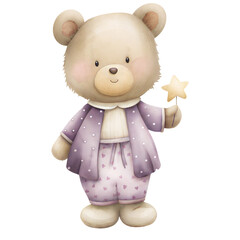 Dreamy Bear watercolor character holding a magic star wand in soft pastel bedtime outfit