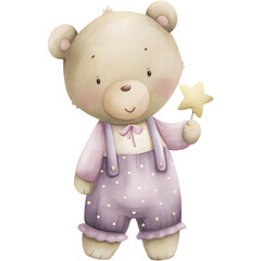Dreamy Bear character in soft pastel pajamas holding a star wand for magical nursery illustrations