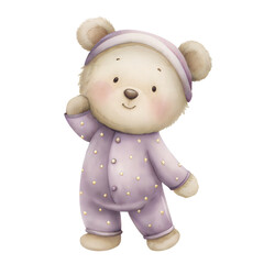 Dreamy Bear illustration in soft lavender star pajamas waving in gentle bedtime nursery theme