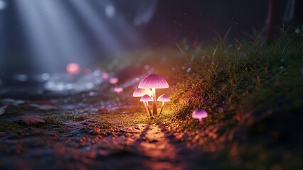 Magical glowing mushrooms in a mystical forest at twilight