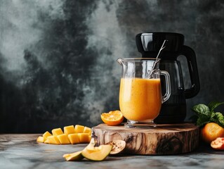Fresh mango juice served in a pitcher with sliced fruit and a blender on a table in a kitchen setting