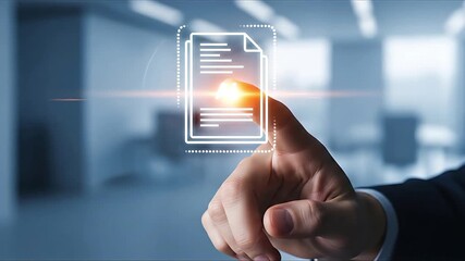 Businessman finger touching digital document icon glowing interface data management concept
