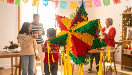 Traditional Mexican Pi&ntilde;ata Celebration Indoors with Papel Picado and Holiday Decor