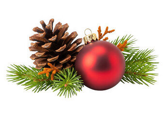 Christmas pinecone and red bauble decoration with evergreen branches isolated