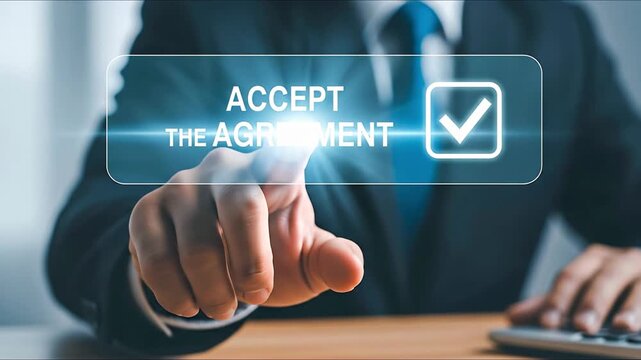 Businessman hand pressing accept agreement button on digital screen with checkmark confirming