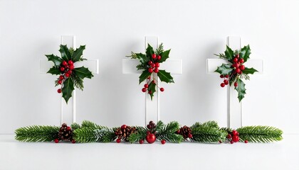 White Crosses with Holly and Red Berries on White Background
