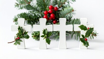 White Crosses with Holly and Evergreen Branches in Festive Christmas Arrangement
