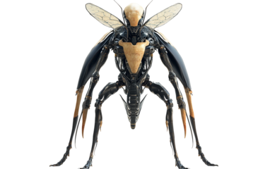 Alien robot hybrid with insect legs and humanoid features in a futuristic sci fi environment