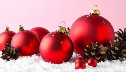 Red Christmas Ornaments and Pinecones on Snow with Soft Pink Background