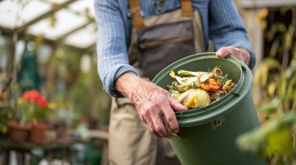 Urban gardener turning kitchen scraps into nutrientrich compost in a small backyard bin highlighting sustainable waste recycling in city gardens.