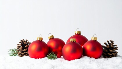 Red Christmas Ornaments with Pinecones and Greenery on Snowy White Background