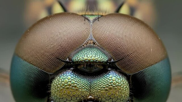 Detailed Macro Close Up of Insect Head Showing Compound Eyes.