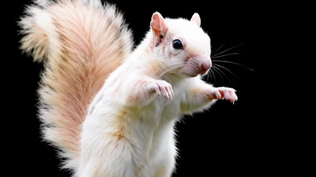 Detailed albino squirrel, pristine white fur, pink nose, performs dynamic, humorous dance with dab, isolated against a pure black void. Whimsical animal animation concept