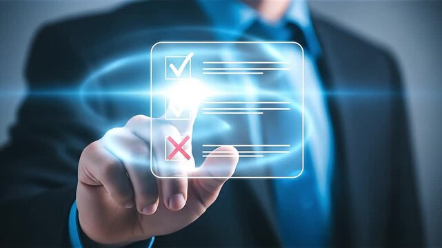 Businessman's finger selects approved item on futuristic checklist interface digital decision