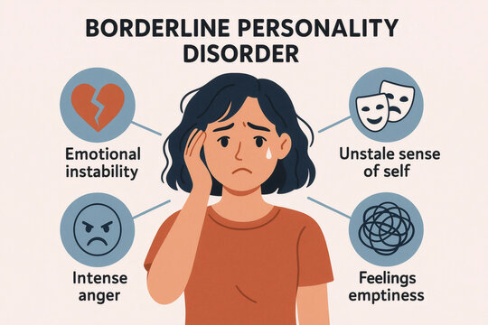 Minimal illustration, in-depth analysis of borderline personality disorder, recognizable by episodes of intense anger, emotional instability, and a wavering sense of self.