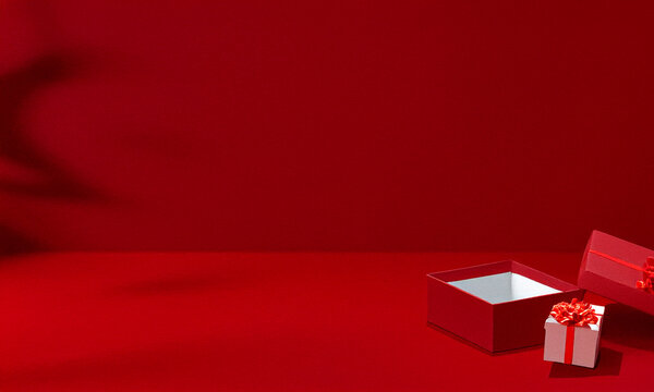 3D All red gift box open or top view of red present box with red ribbon bow isolated on dark red background with shadow minimal conceptuals for christmas and valentines day rendering - Powered by Adobe