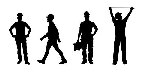 Silhouettes of construction workers and laborers in various poses. Vector illustration of people at work, suitable for industry, safety, and professional themes