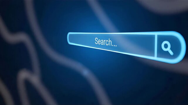 Digital search bar activation finger pressing magnifying glass icon glowing blue light futuristic