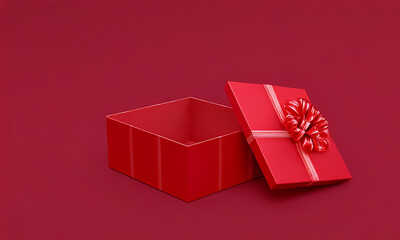 3D All red gift box open or top view of red present box with red ribbon bow isolated on dark red background with shadow minimal conceptuals for christmas and valentines day rendering