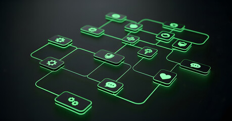 Digital network connection with glowing icons representing data flow
